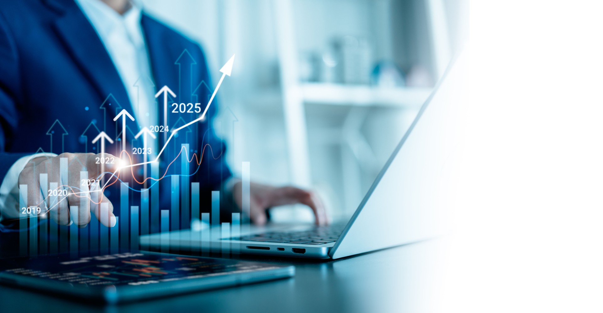Businesswomen pointing to arrow up virtual to forecast and analyze the stock market and economic year 2025 with virtual chart, trend upside business market growth, investments and financial concept. Businesswomen pointing to arrow up virtual to forecast and analyze the stock market and economic year 2025 with virtual chart, trend upside business market growth, investments and financial concept.